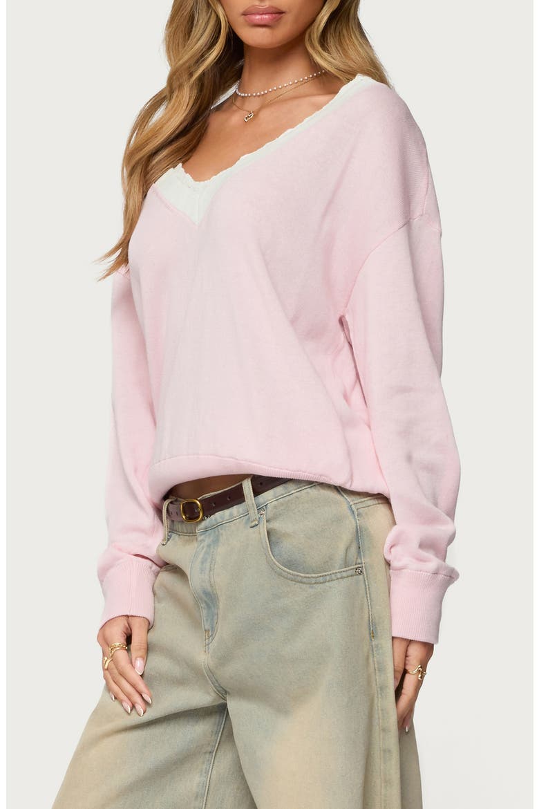 Marie Lace Contrast Cotton V-Neck Sweater, Alternate, color, LIGHT-PINK