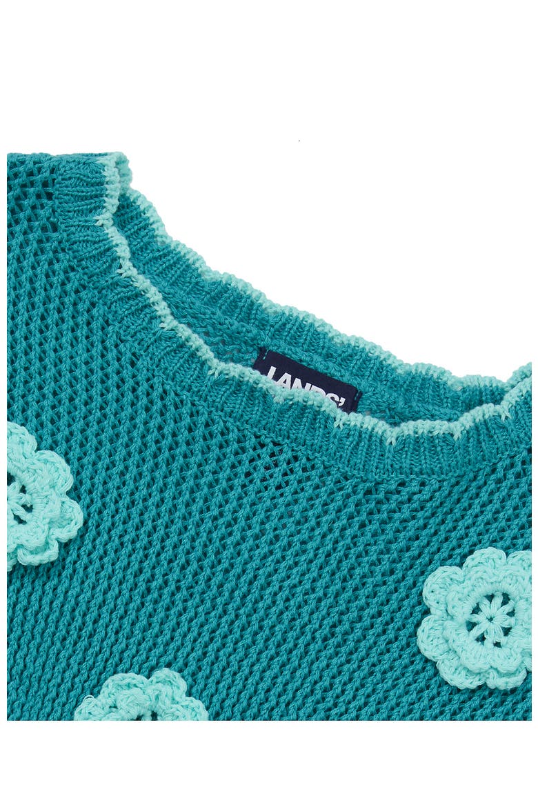 Girls Long Sleeve Crochet Rosette Sweater, Alternate, color, Flowers/Baltic Teal