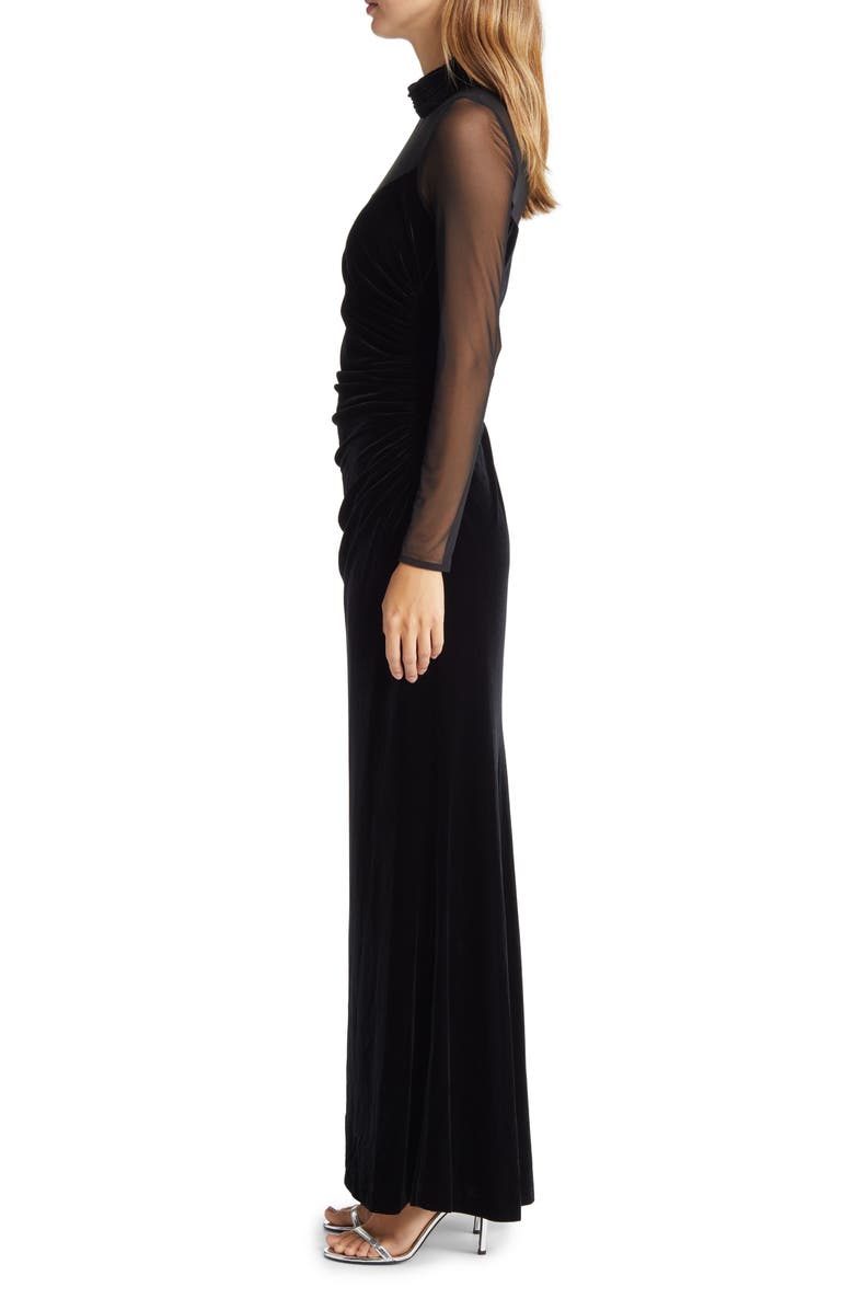 Eliza J Mock Neck Long Sleeve Mixed Media Velvet Gown, Alternate, color, 