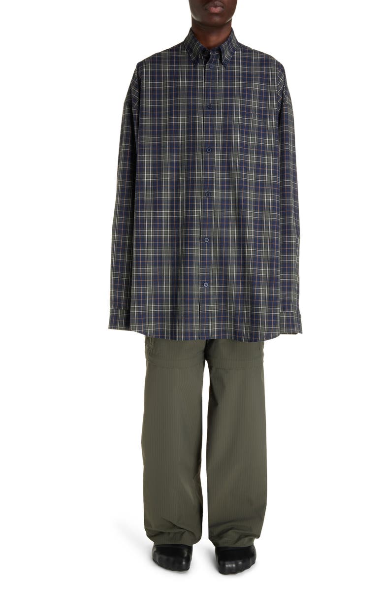 Balenciaga Check Oversize Cotton Flannel Button-Down Shirt, Alternate, color, Navy/ Khaki