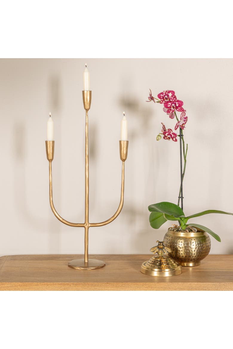 Round Hammered Metal Container with Bee Finial, Brass Finish, Alternate, color, Gold