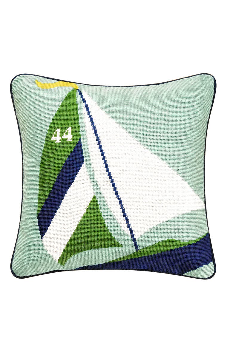 Sailboat Needlepoint Accent Pillow, Main, color, Blue