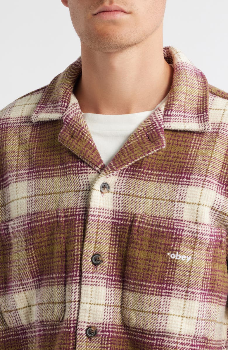 Obey Laurel Plaid Long Sleeve Heavyweight Cotton Camp Shirt, Alternate, color, Moss Green Multi