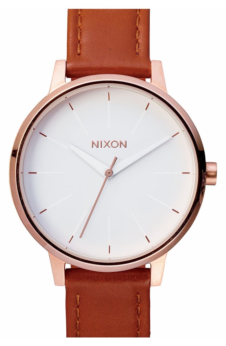 Nixon 'The Kensington' Leather Strap Watch, 37mm, Main, color, Brown/ Rose Gold/ White