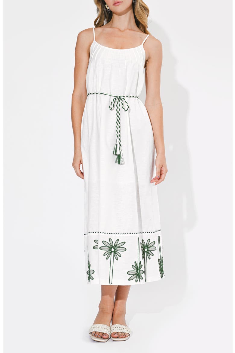 Sophia Palm Tree Embroidered Belted Maxi Dress, Main, color, WHITE/ GREEN