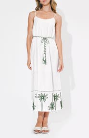 Adelyn Rae Sophia Palm Tree Embroidered Belted Maxi Dress