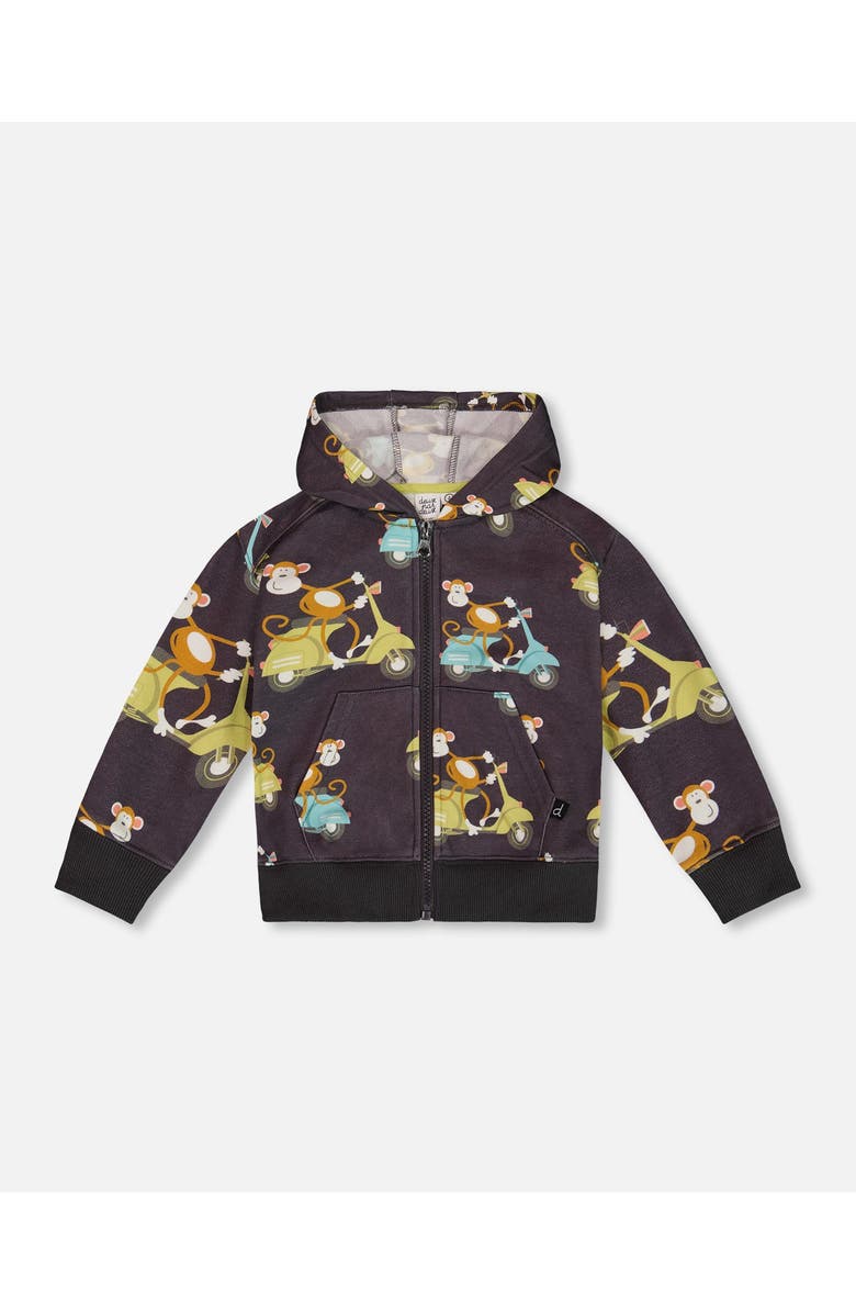 Deux par Deux Baby Boy's Printed French Terry Hooded Full Zip Cardigan Sweatshirt Monkey On Navy Moped, Main, color, 