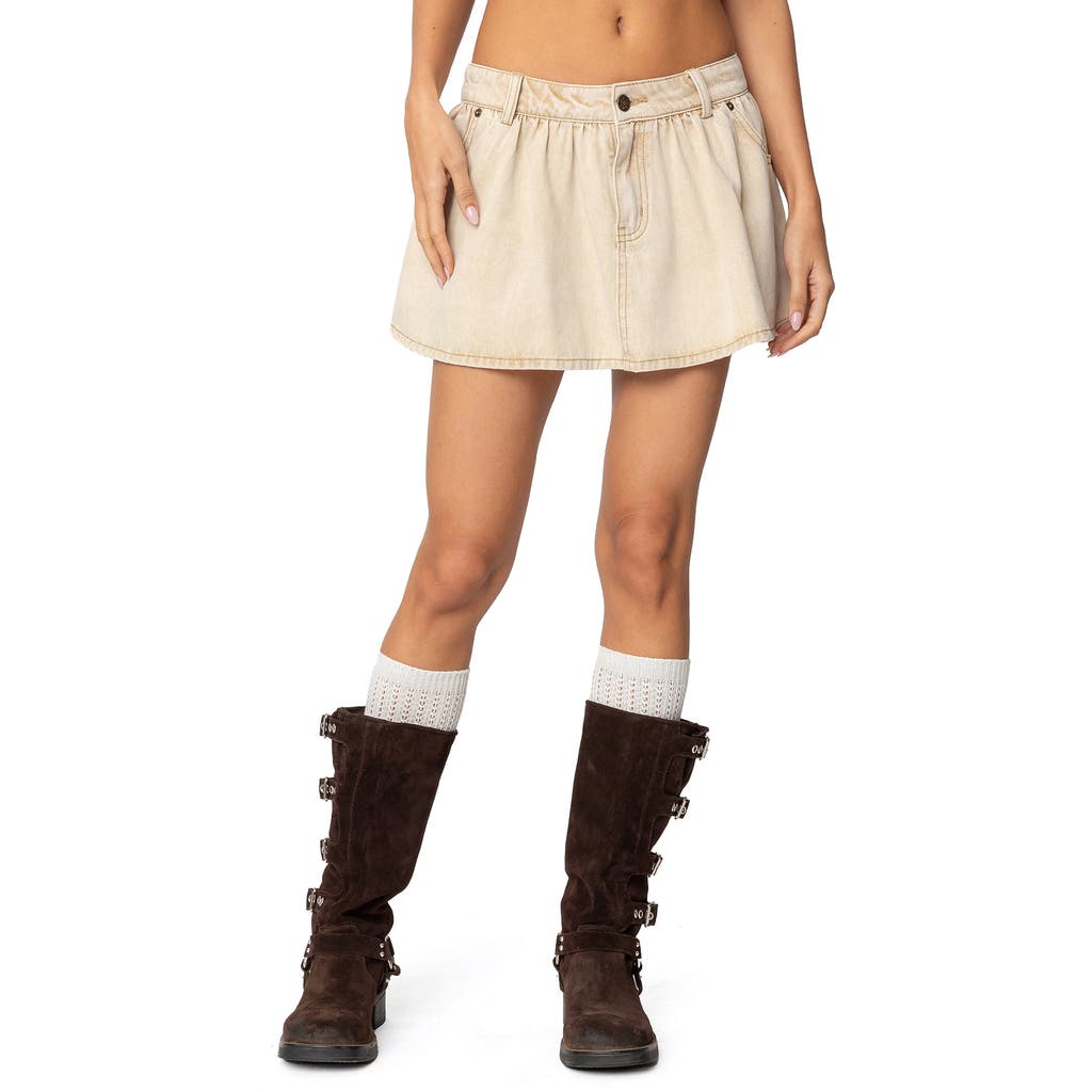 Edikted Peyton Flare Denim Miniskirt In Beige