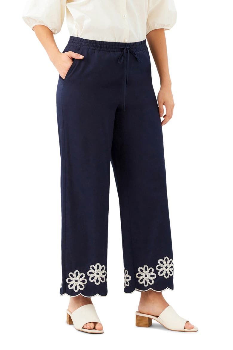 Embroidered Scallop Drawstring Cotton Pants, Alternate, color, NAVY