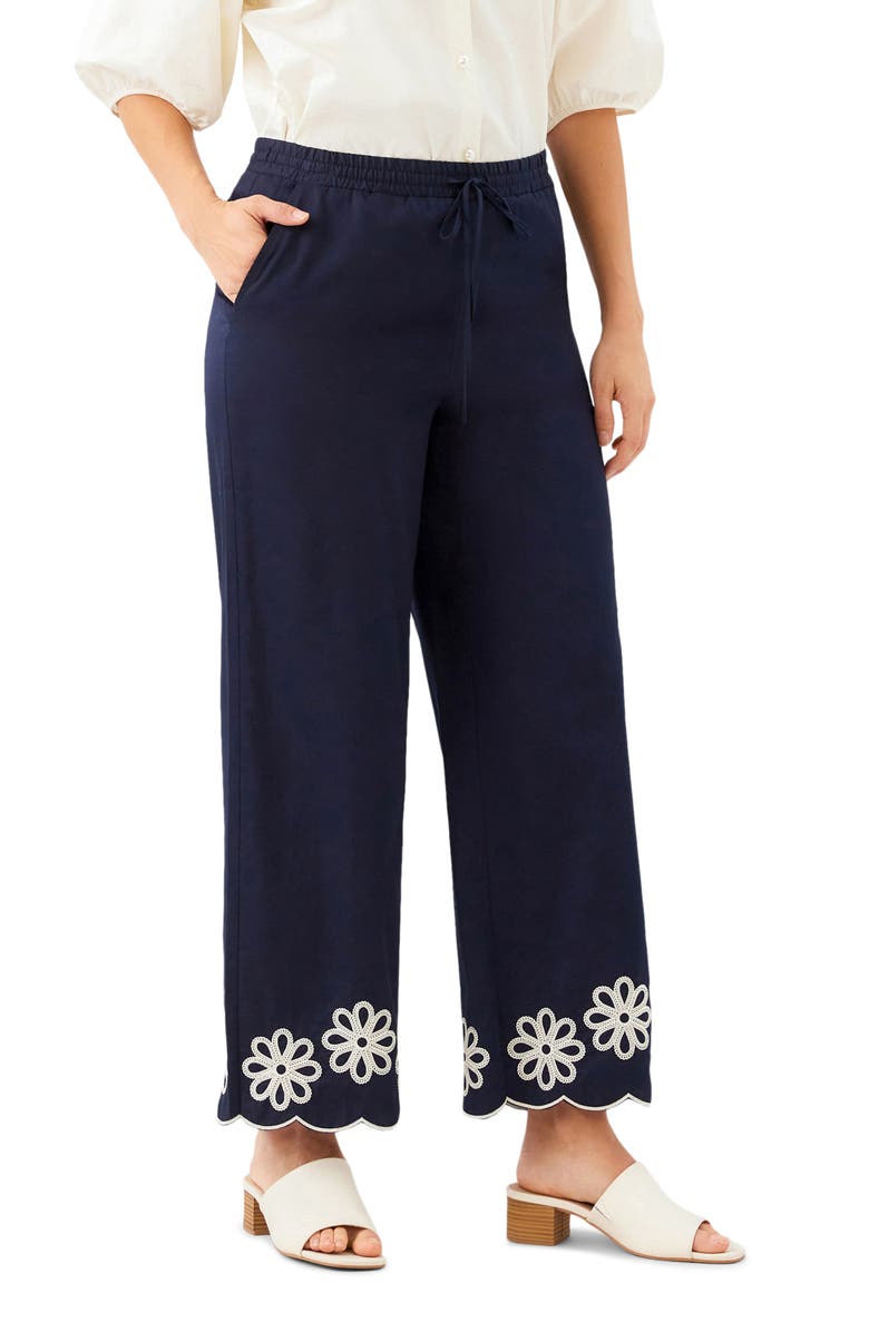 Karen Kane Embroidered Scallop Drawstring Cotton Pants, Alternate, color, Navy