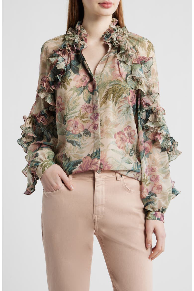 Esme Floral Ruffle Button-Up Chiffon Shirt, Main, color, ROSE MULTI