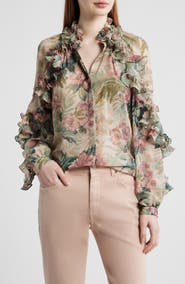 KOBI HALPERIN Esme Floral Ruffle Button-Up Chiffon Shirt
