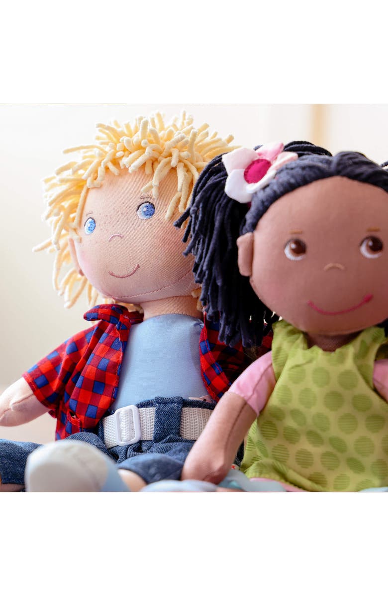 HABA Nick 12" Soft Doll - Baby Boy Doll with Blonde Hair and Blue Eyes (Machine Washable) Perfect Plush Toy for 18 Months & Up, Alternate, color, Red Multi