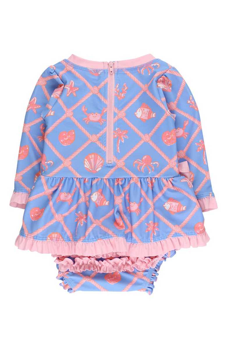 RuffleButts UPF50+ Long Sleeve One Piece Bow Peplum Rash Guard Swimsuit, Alternate, color, Tropical Trellis