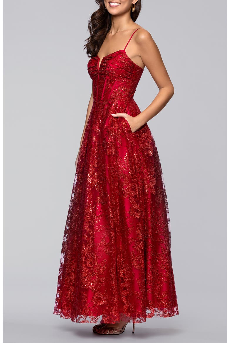 Glitter Sequin Corset Gown, Alternate, color, RED