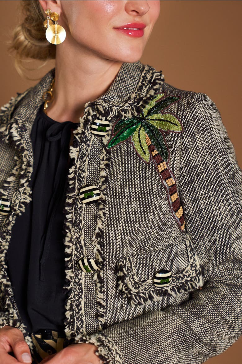 Cotton Jacket With Palm Embroidery And Fringes, Alternate, color, Black / Sand