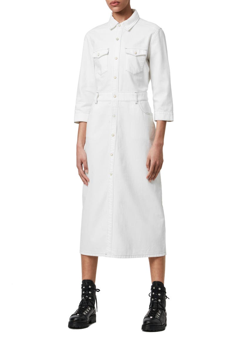 Polly Long Sleeve Denim Midi Shirtdress, Alternate, color, WHITE