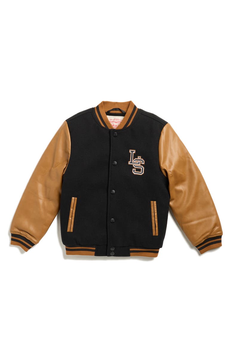 Levi's<sup>®</sup> Kids' Faux Leather Trim Varsity Bomber Jacket, Main, color, Black