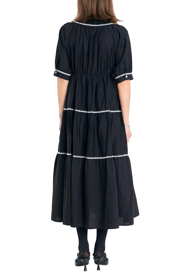 Embroidered Puff Sleeve Tiered Midi Dress, Alternate, color, BLACK/ WHITE
