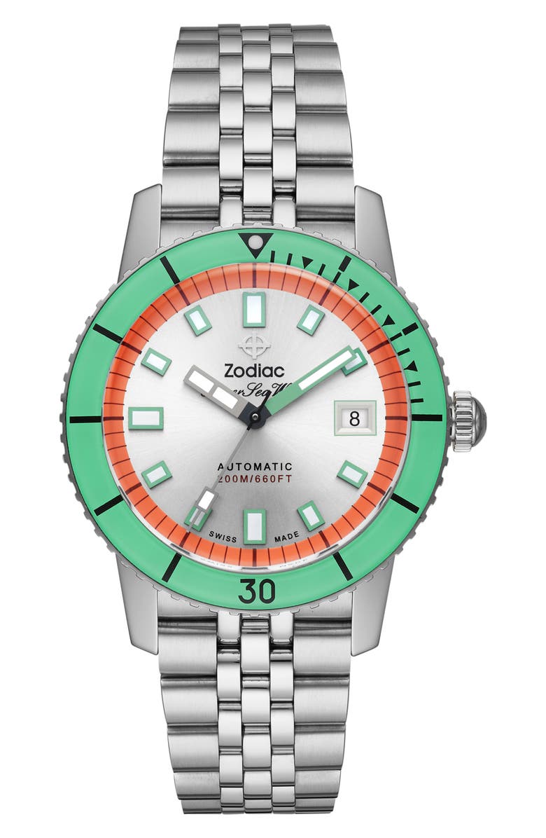 Zodiac Compression Diver Automatic Stainless Steel Watch, 40mm, Main, color, Silver/ Steel