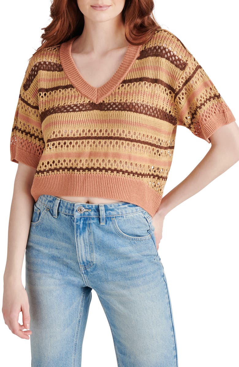 Steve Madden Noreen Stripe Mixed Stitch Short Sleeve Cotton Sweater, Main, color, Multi