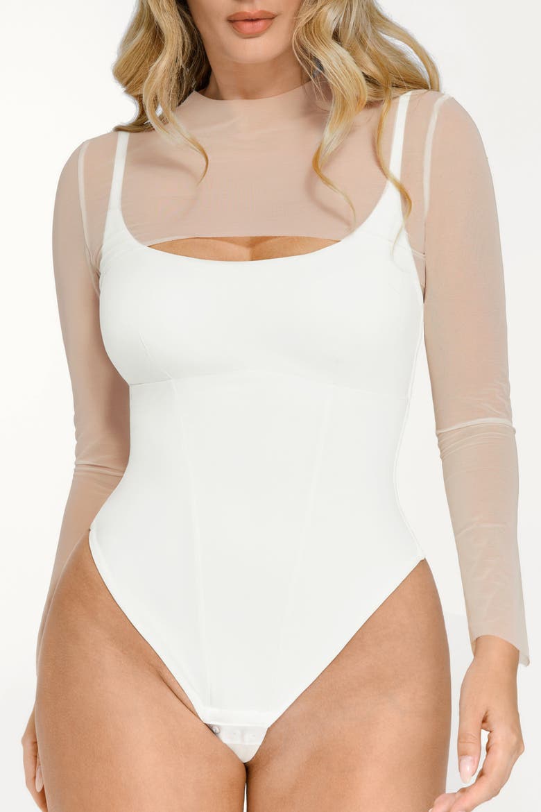 Sheer Shapewear Mesh Cutout Corset Bodysuit 2-Piece Set, Alternate, color, Ivory