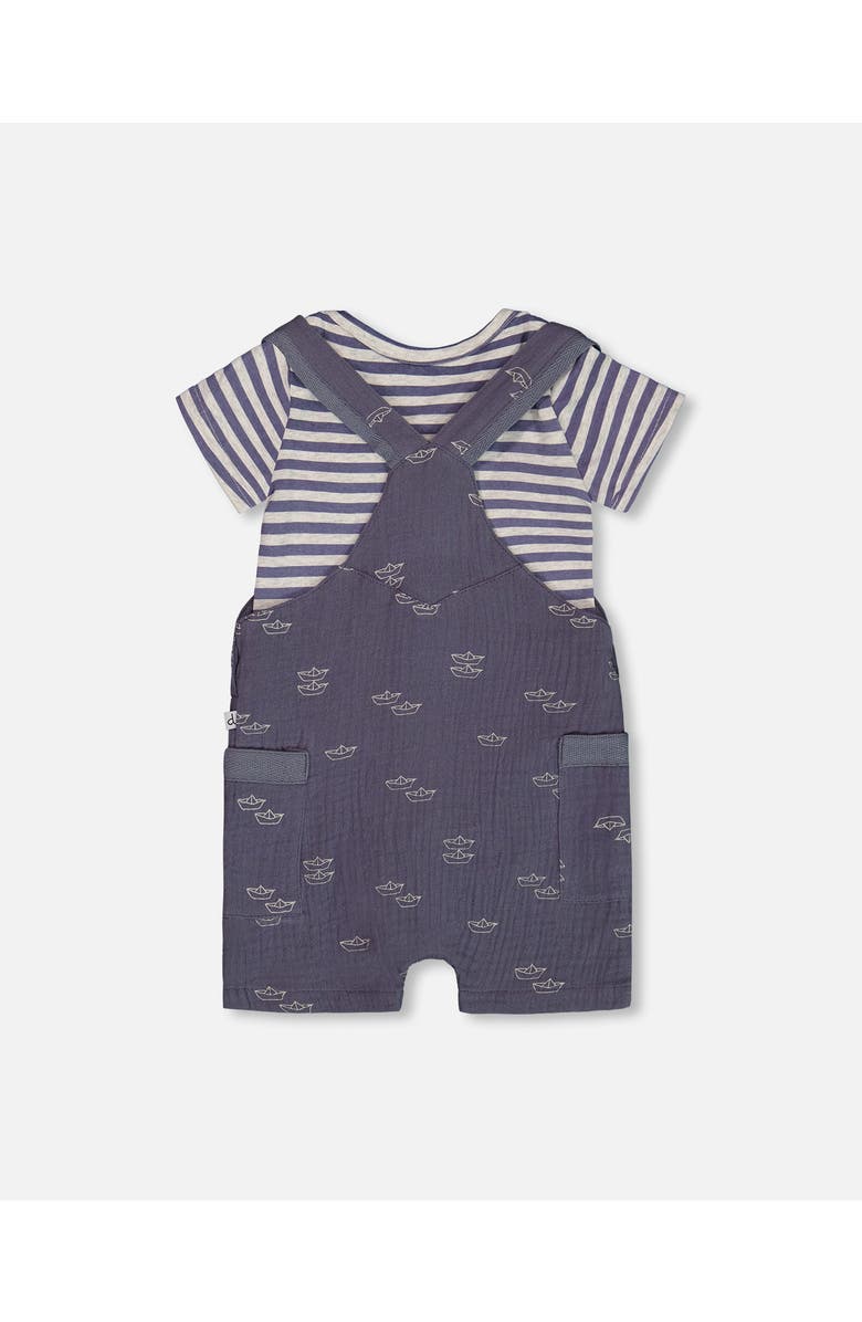 Deux par Deux Baby Boy's Printed Organic Cotton Bodysuit And Muslin Shortall Set Navy Blue Paper Boats, Alternate, color,
