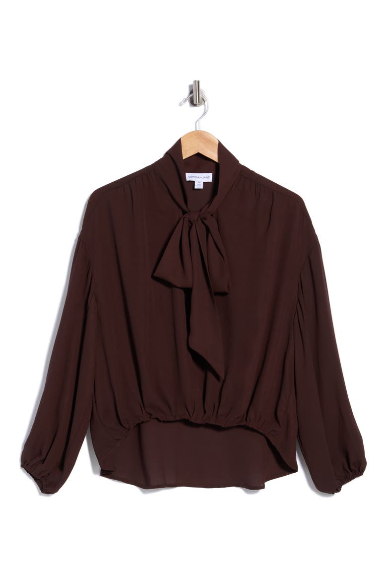 Tie Neck Draped Blouse, Alternate, color, DARK CHOCOLATE