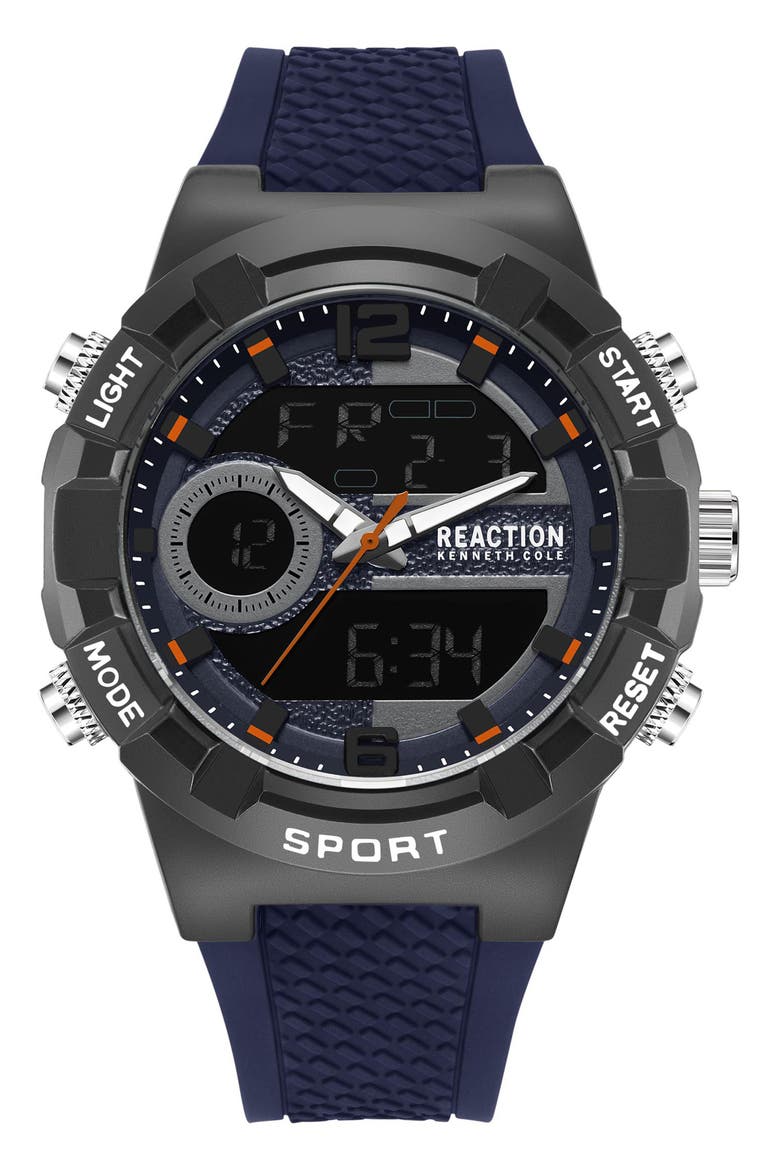 Analog Quartz & Digital Display Silicone Strap Watch, 46mm, Main, color, BLUE