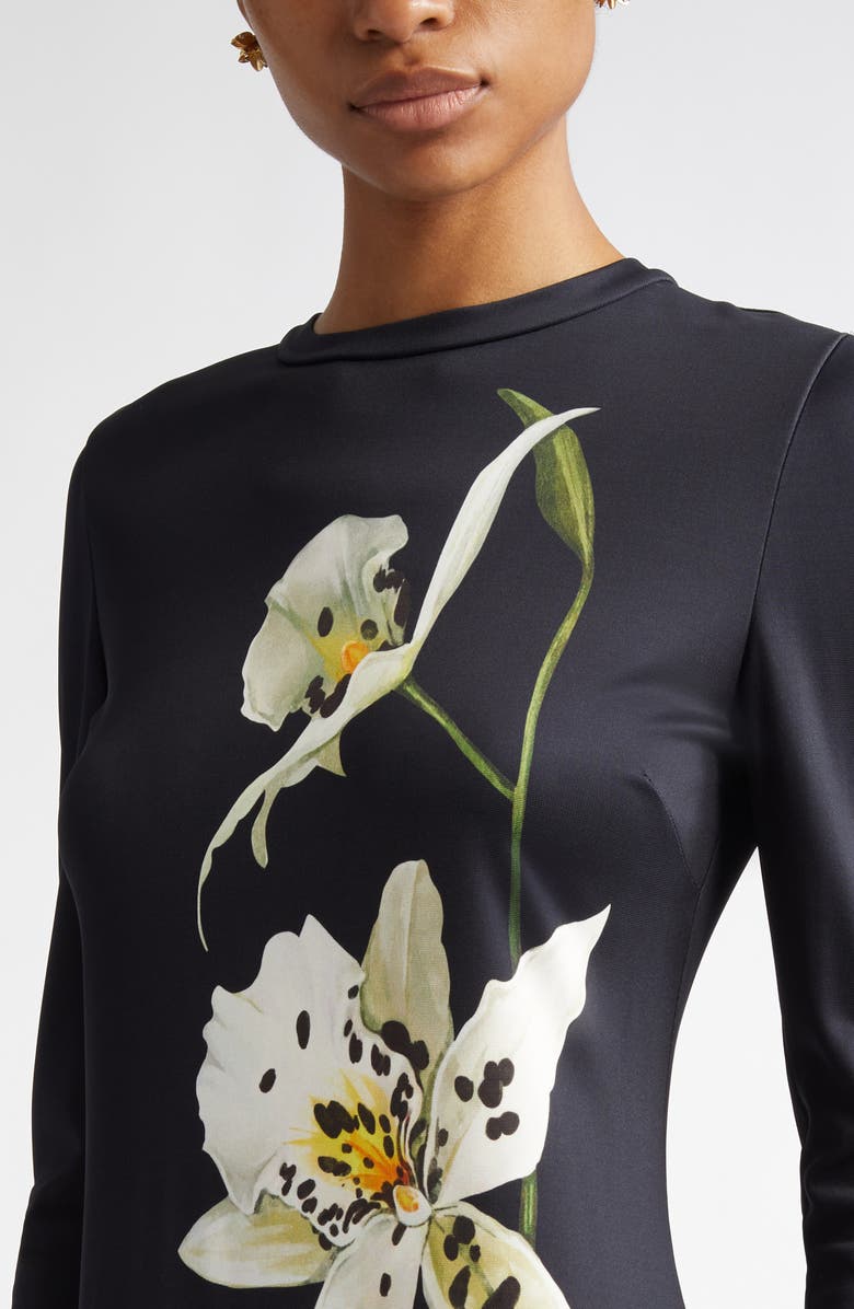 Oscar de la Renta Orchid Print Long Sleeve Jersey Dress, Alternate, color, 
