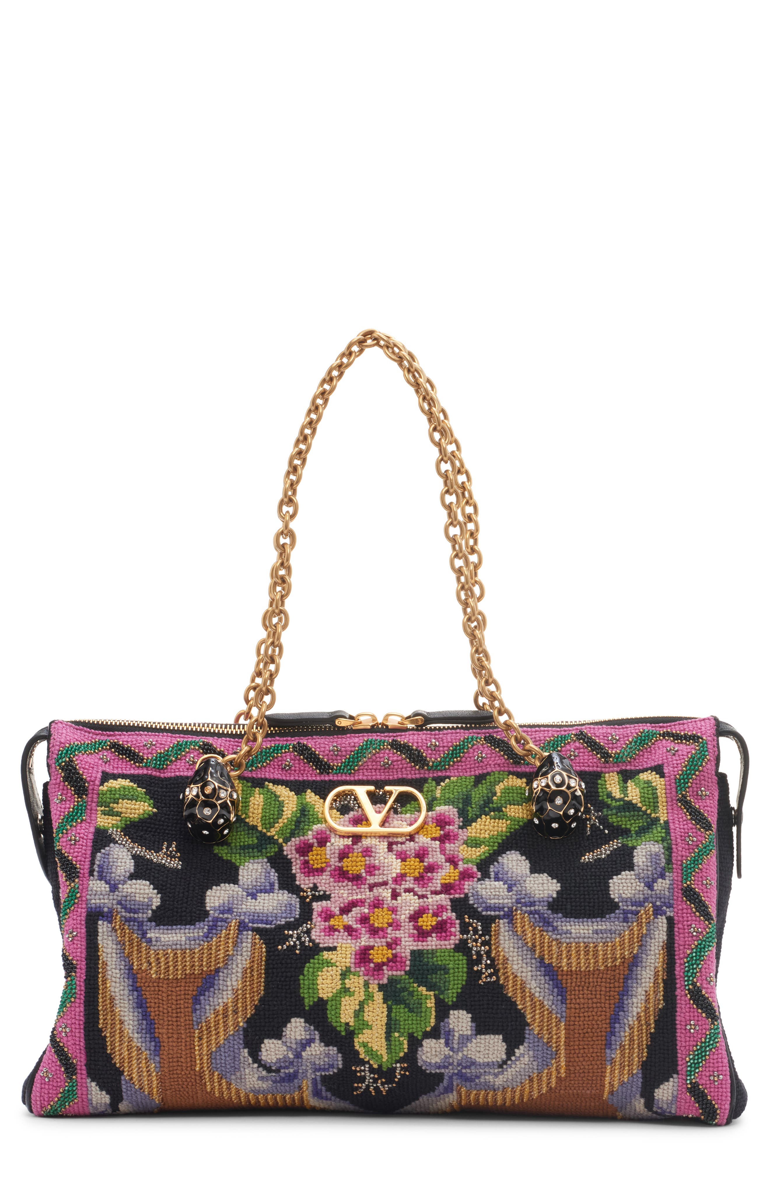 Panthea Medium Embroidered Silk & Leather Shoulder Bag, Main, color, BLACK MULTI
