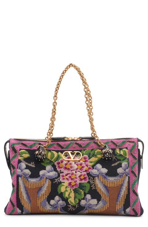 Panthea Medium Embroidered Silk & Leather Shoulder Bag