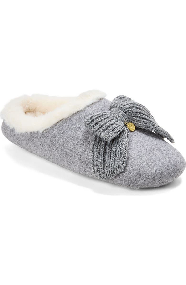 DEARFOAMS Josie Knit Clog Slipper with Bow, Main, color, Light Heather Grey