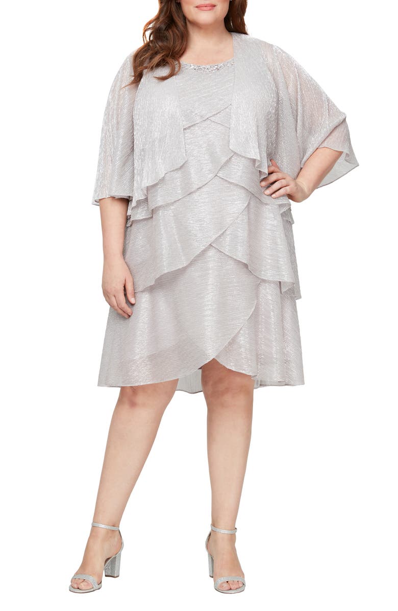 SL FASHIONS Tiered Ruffle Dress with Jacket, Main, color, Pearl