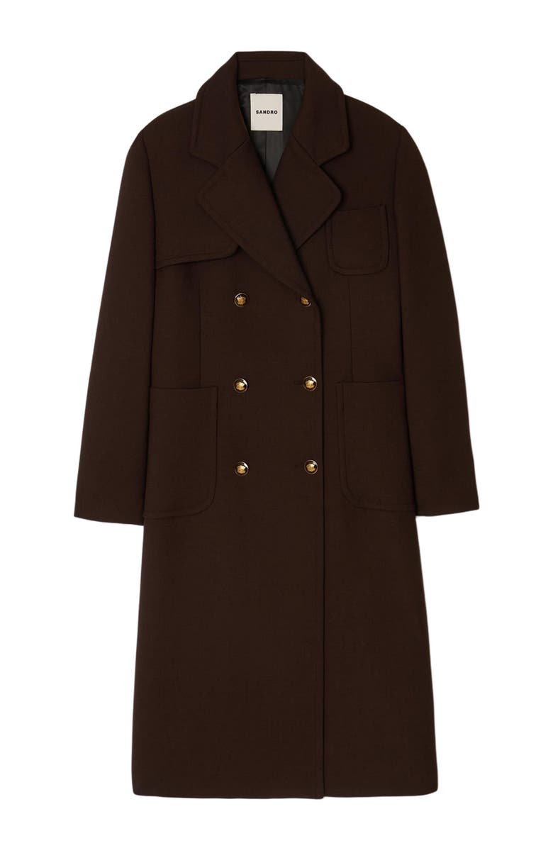 SANDRO Structured long double-breasted coat, Alternate, color, Brown