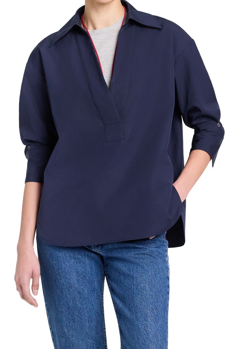 Long Sleeve Woven Johnny Collar Top, Main, color, MIDNIGHT