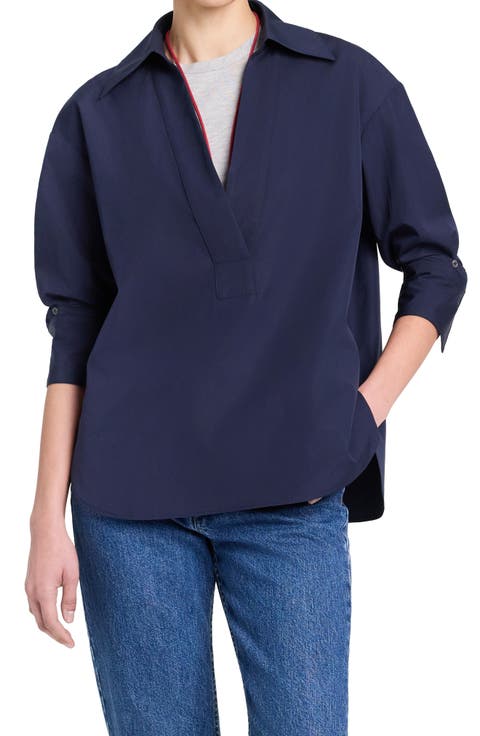 Long Sleeve Woven Johnny Collar Top