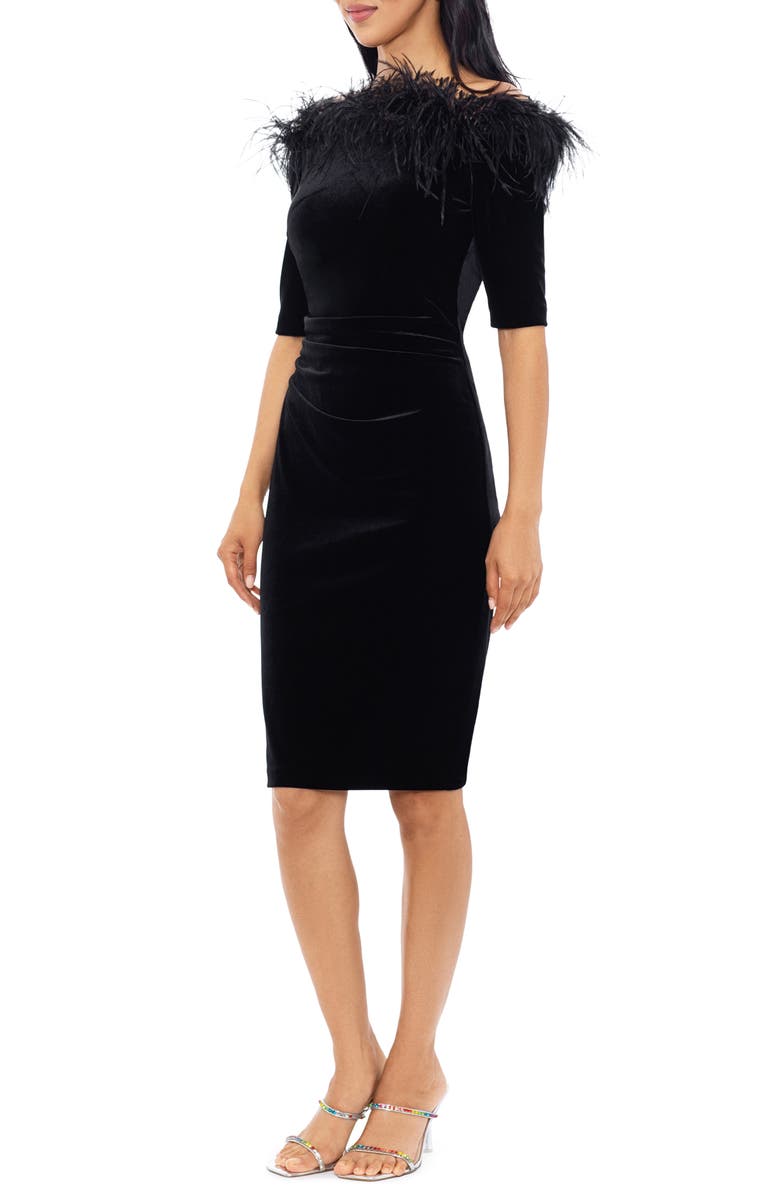 Xscape Evenings Feather Trim Off the Shoulder Sheath Dress, Alternate, color, 