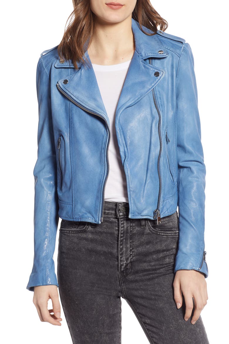 Donna Lambskin Leather Moto Jacket, Main, color, FADED DENIM