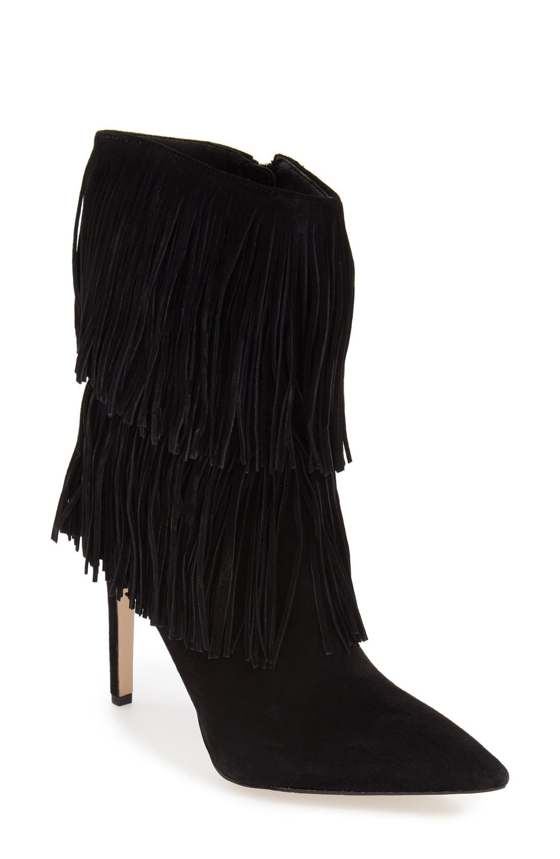 'Belinda' Fringed Suede Pointy Toe Boot, Main, color, BLACK SUEDE