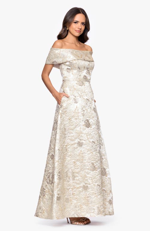 Xscape Evenings Metallic Floral Brocade Off The Shoulder Gown In Gold