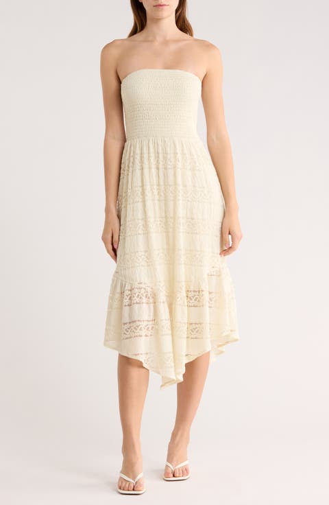 Strapless Tiered Lace Midi Dress