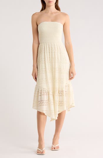 Abound Strapless Tiered Lace Midi Dress In White