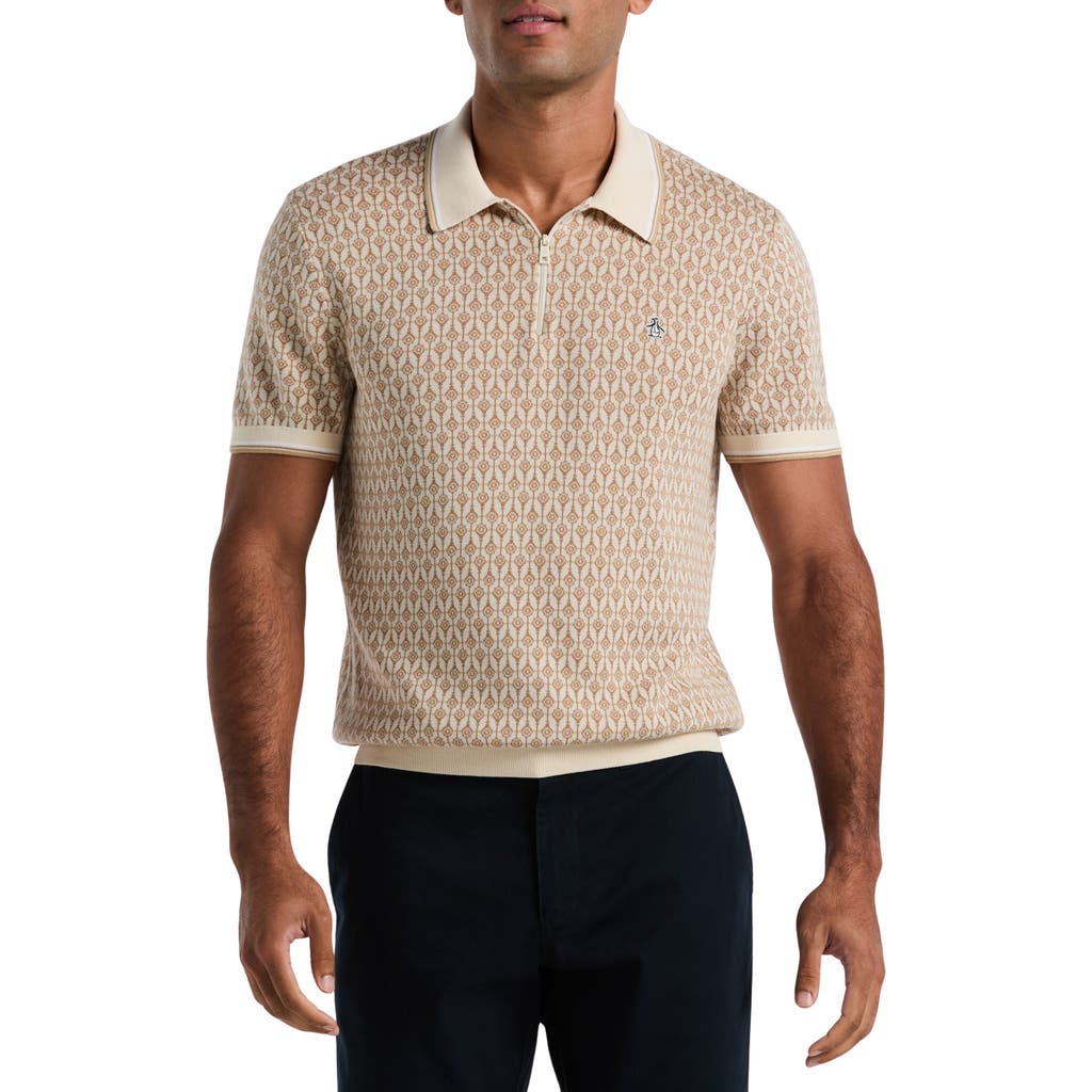 Original Penguin Geo Pattern Cotton & Modal Zip Polo Sweater In Neutral