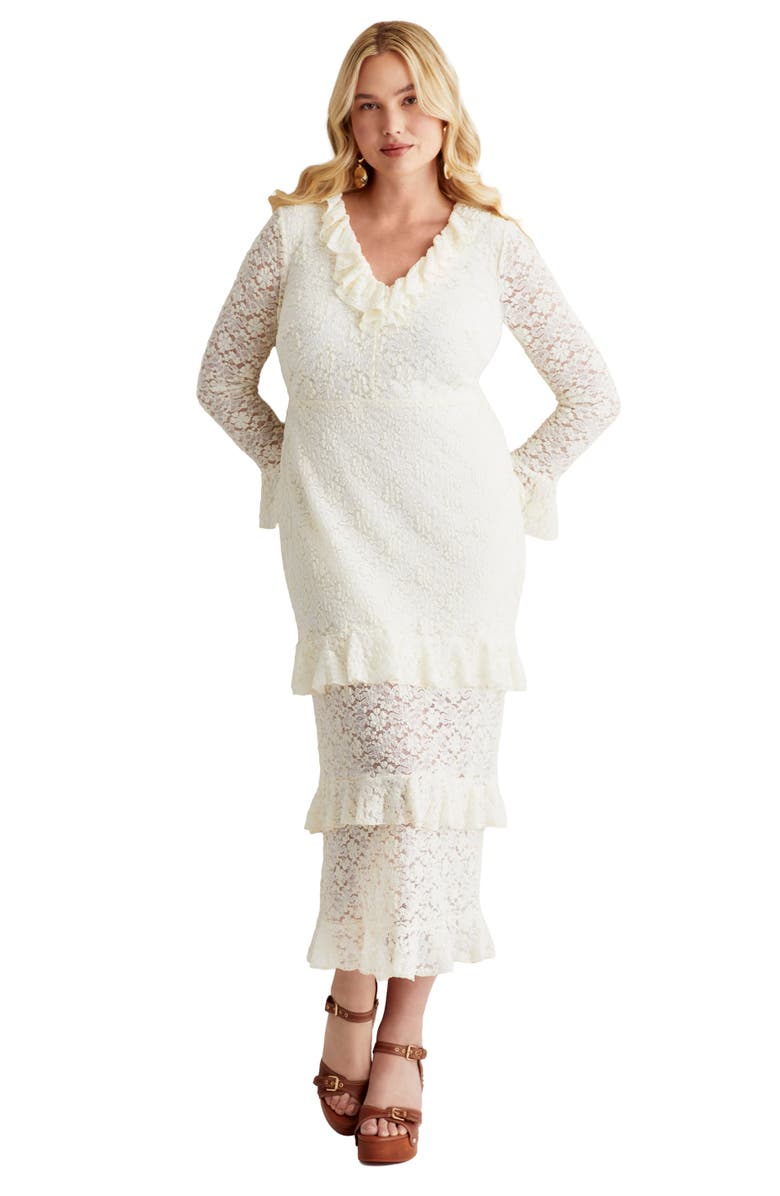 June + Vie Ruffled Lace Maxi Dress, Main, color, Warm Cream