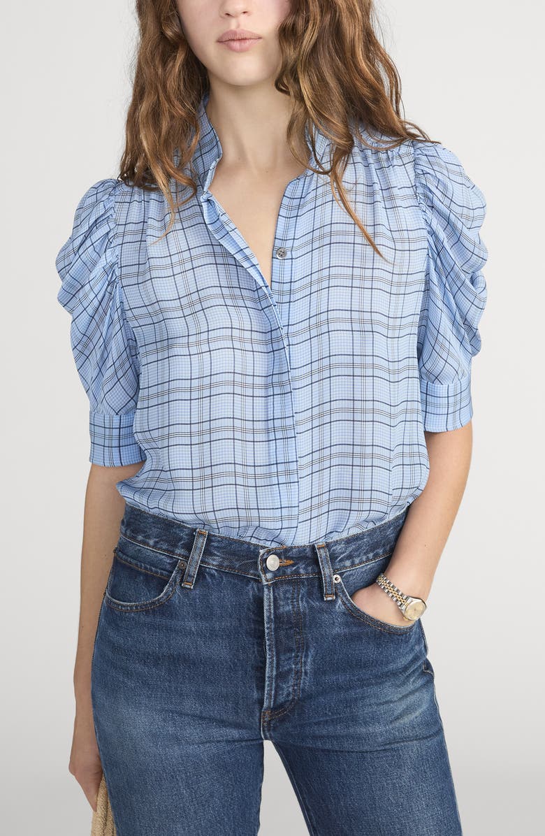 FRAME Gillian Plaid Silk Button-Up Shirt, Main, color, Sky Blue Multi