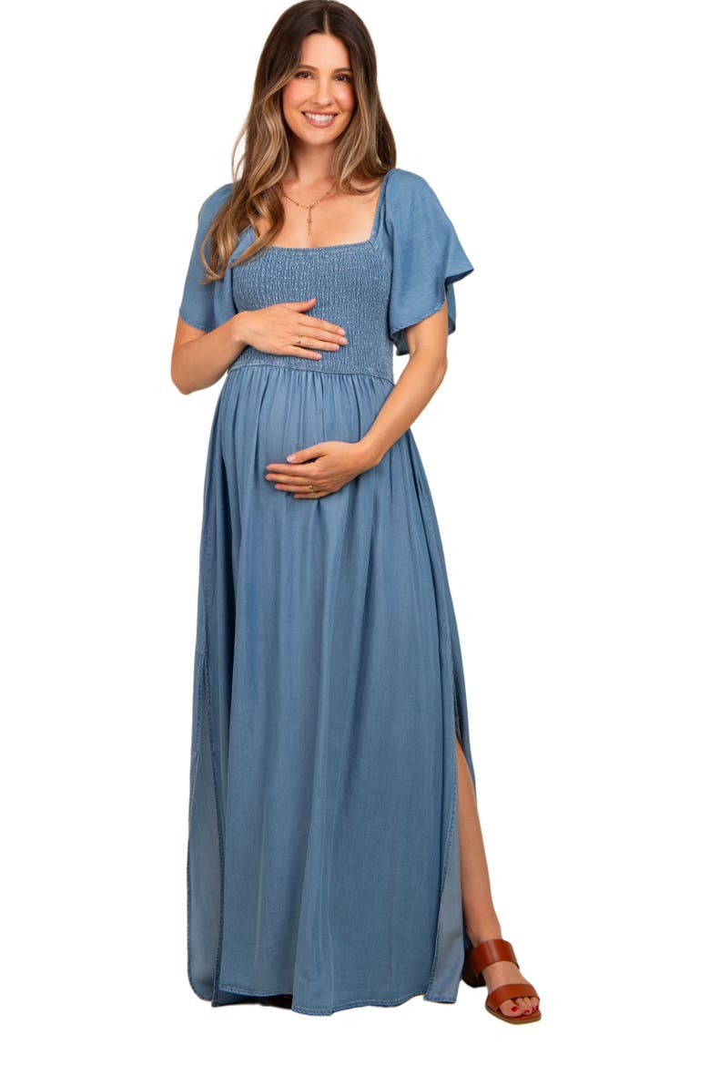 Chambray Smocked Maxi Dress, Main, color, Light Blue