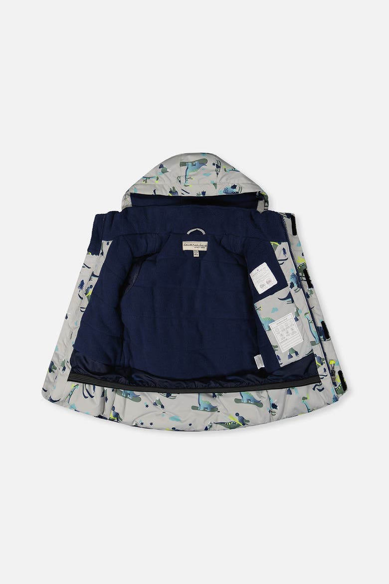 Skiing Dinosaur Discover Fleece Jacket Snow Pants Two Piece Snowsuit, Alternate, color, Grey Skiing Dinosaurs Print