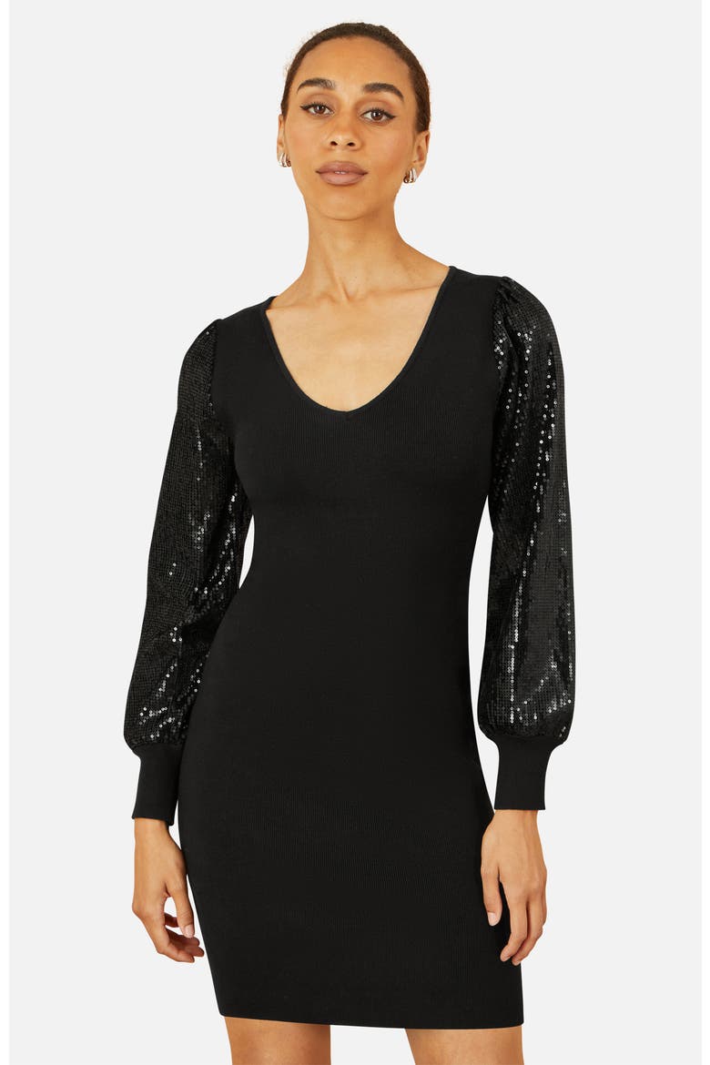 Sequin Sleeve Knitted Fitted Dress, Alternate, color, Black
