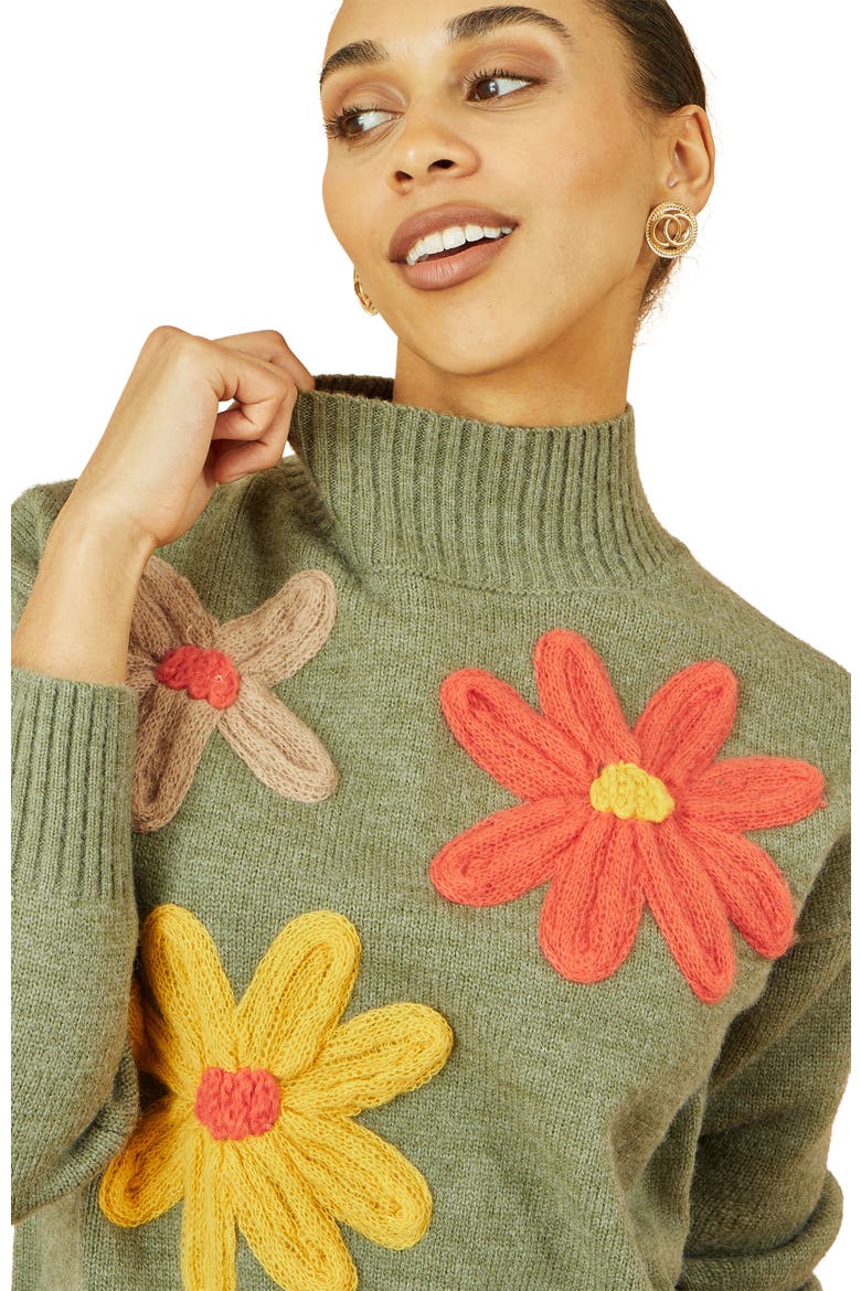 Floral Detail High Neck Knit Sweater, Alternate, color, Green